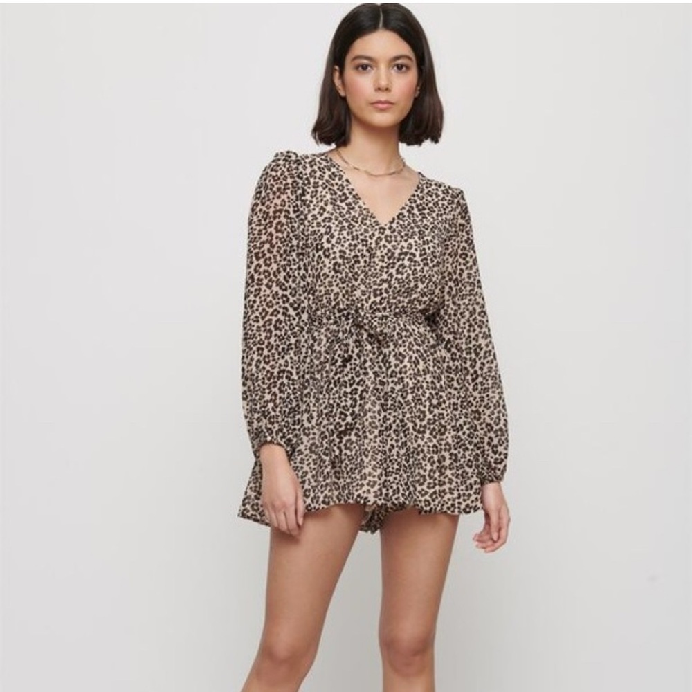 Leopard Print V-Neck Long Sleeve Dress - Beige/Black